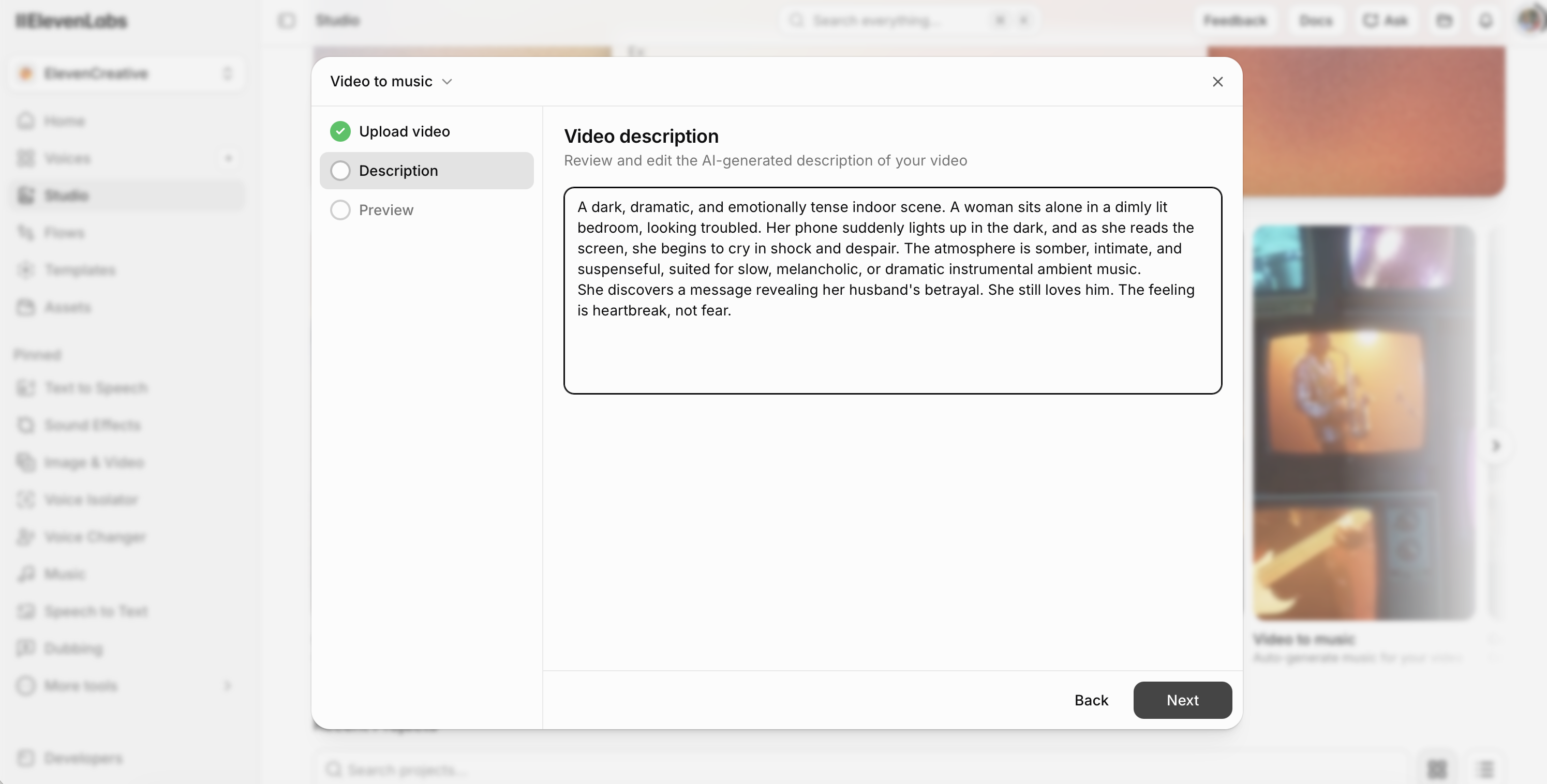 ElevenLabs video description screen showing the AI-generated scene description
